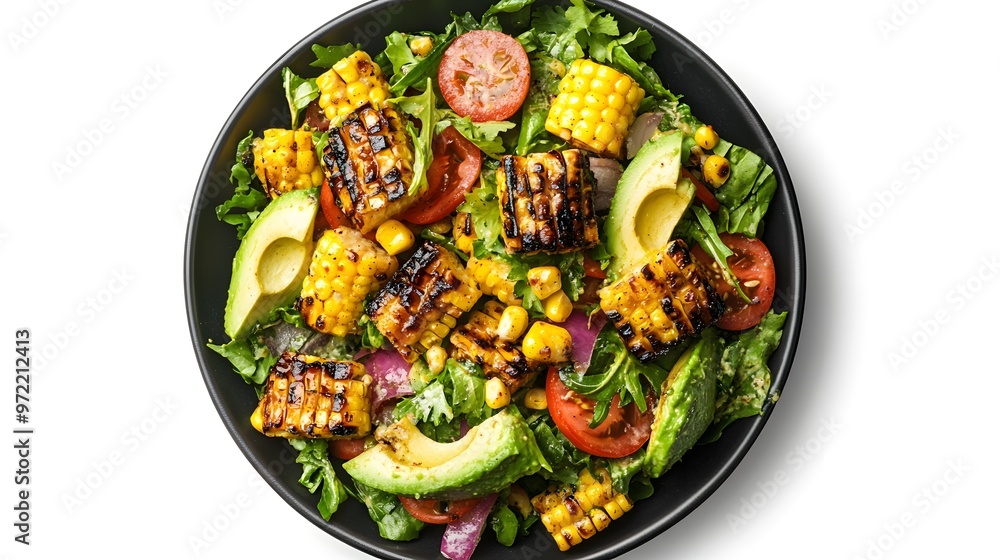 Grilled corn and avocado salad with fresh vegetables on black plate Grilled corn and avocado salad with fresh vegetables on black plate
