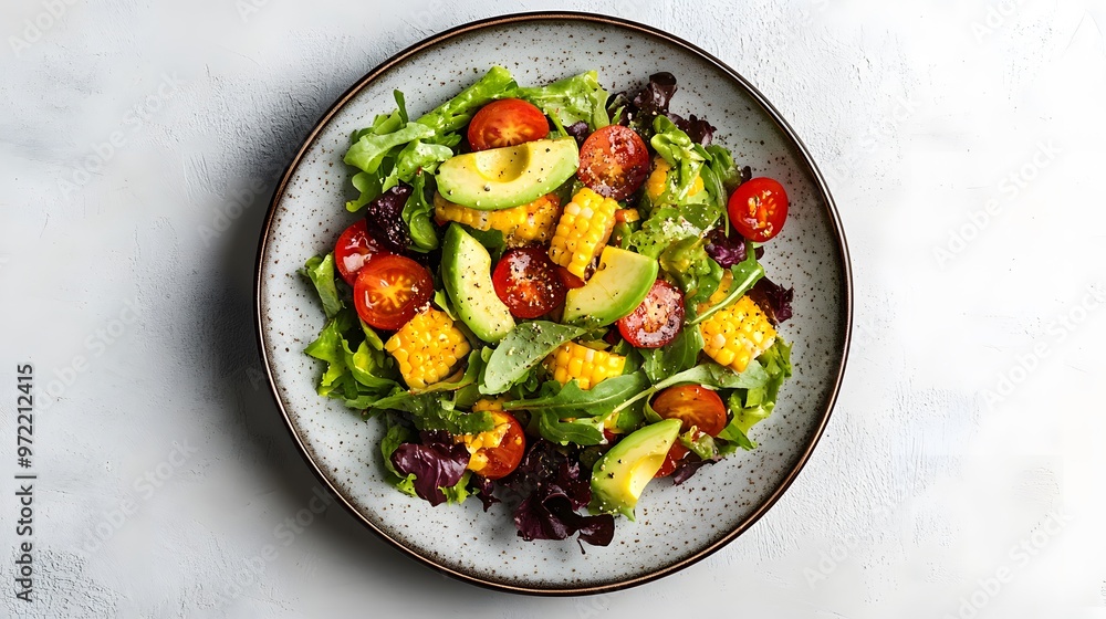 Healthy fresh salad with avocado, corn, and cherry tomatoes on a plate Healthy fresh salad with avocado, corn, and cherry tomatoes on a plate