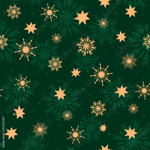 Wallpaper Mural Golden and White Snowflakes, Christmas Elegance Emerald Green Background, New Year's Seamless Pattern Swatch, Perfect for Festive Greeting Cards, Textiles, Winter Season Glittery Snow Surface Decor. Torontodigital.ca