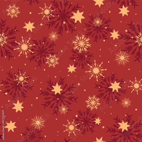 Seamless Christmas Pattern with Golden Stars and Snowflakes on Red, Claret Background,  Vector Hand-Drawn Festive Design for Wallpaper, Cards, and Holiday Packaging.