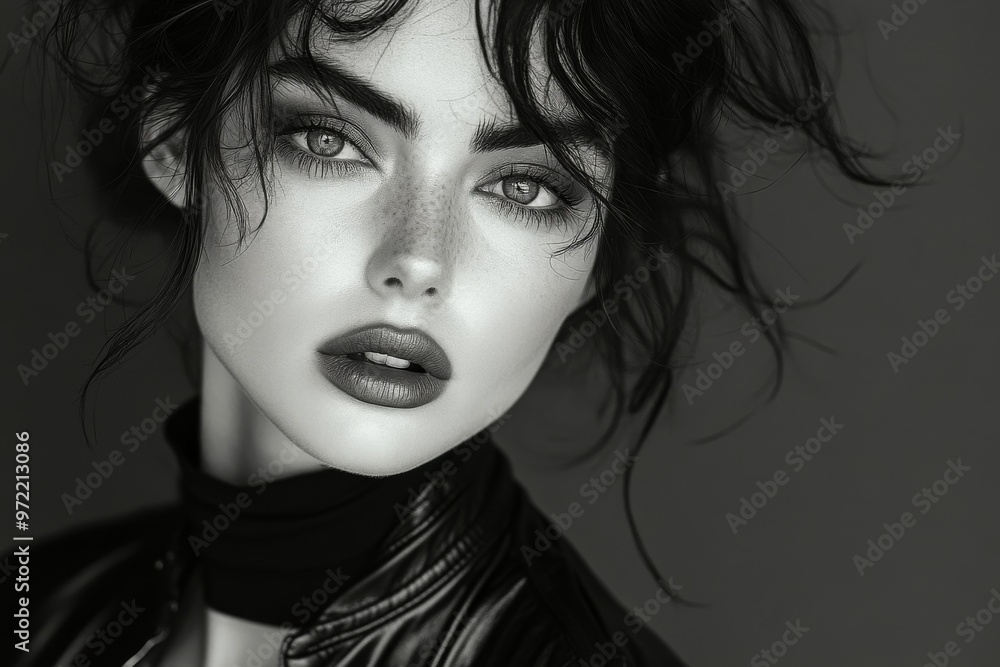 Fototapeta premium A beautiful woman in a black leather jacket and dark make-up posing while looking at the camera. Black and white fashion photography. Fashion. Style. 