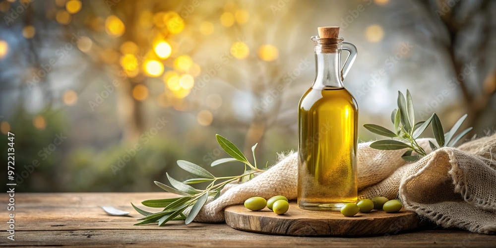 Bottle mock up for advertising and presentation of organic and fresh olive oil in a cozy environment close-up Bottle mock up for advertising and presentation of organic and fresh olive oil in a cozy environment close-up