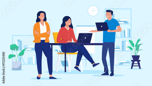 People in office working - Team of three smiling businesspeople colleagues talking and doing work together indoors at workplace. Flat design vector illustration