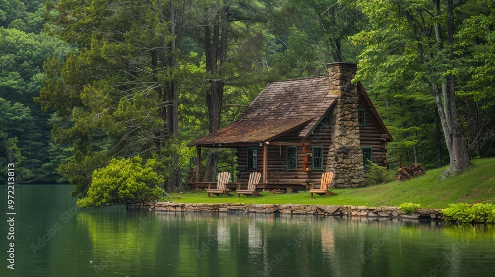 Charming rustic cabin by the lake surrounded by lush trees and a cozy stone chimney retreat Charming rustic cabin by the lake surrounded by lush trees and a cozy stone chimney retreat