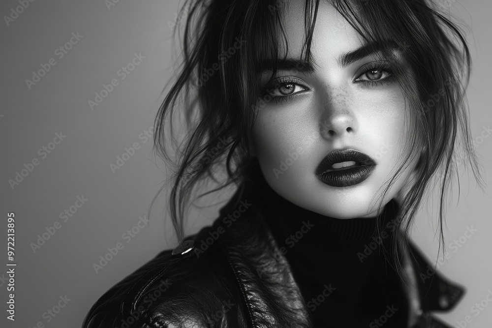 A beautiful woman in a black leather jacket and dark make-up posing while looking at the camera. Black and white fashion photography. Fashion. Style. A beautiful woman in a black leather jacket and dark make-up posing while looking at the camera. Black and white fashion photography. Fashion. Style.