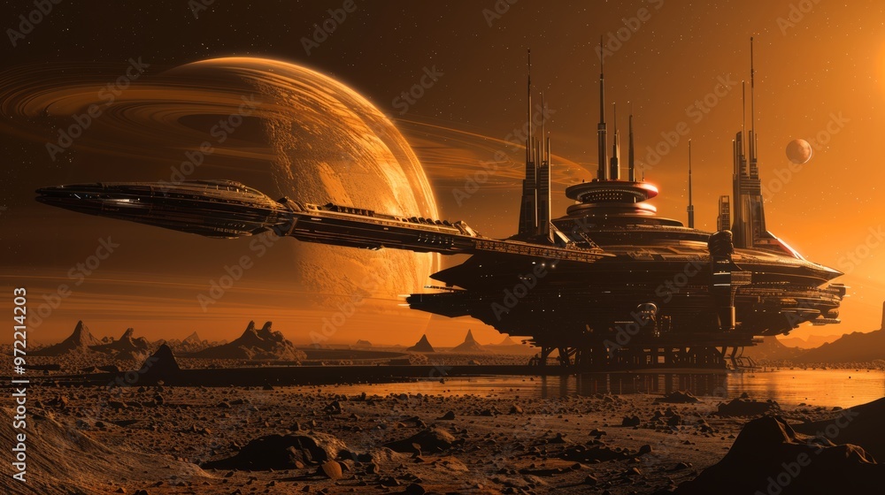 Obraz premium Newly discovered exoplanet orbiting space station reveals advanced propulsion technology and modular architecture
