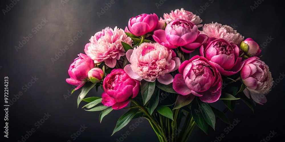Bouquet of peony flowers on dark background seen through a fisheye lens Bouquet of peony flowers on dark background seen through a fisheye lens