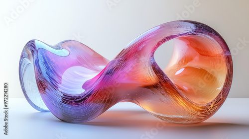 Abstract glass sculpture in pink, orange, and blue hues. photo