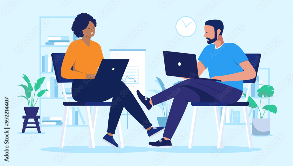 Two people sitting with laptops - People in office sitting in char working on computers together in office. Flat design vector illustration Two people sitting with laptops - People in office sitting in char working on computers together in office. Flat design vector illustration