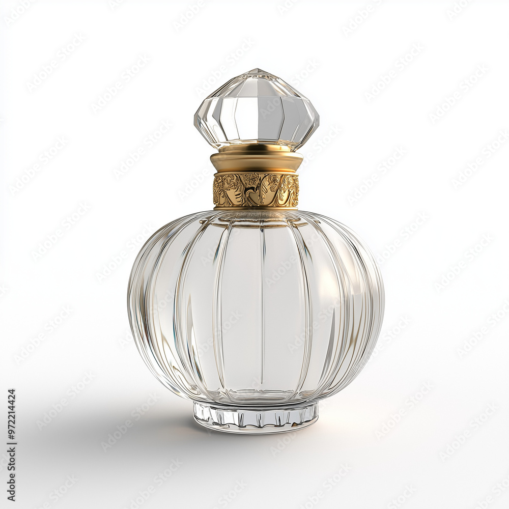 3D render of a transparent perfume bottle with golden accents isolated on a white background 3D render of a transparent perfume bottle with golden accents isolated on a white background