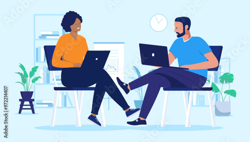 Two people sitting with laptops - People in office sitting in char working on computers together in office. Flat design vector illustration