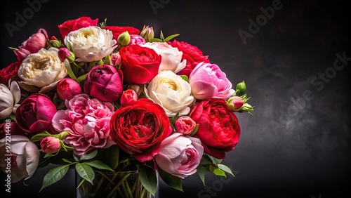 Bouquet of roses and peonies on black background with petals, panoramic #972214408