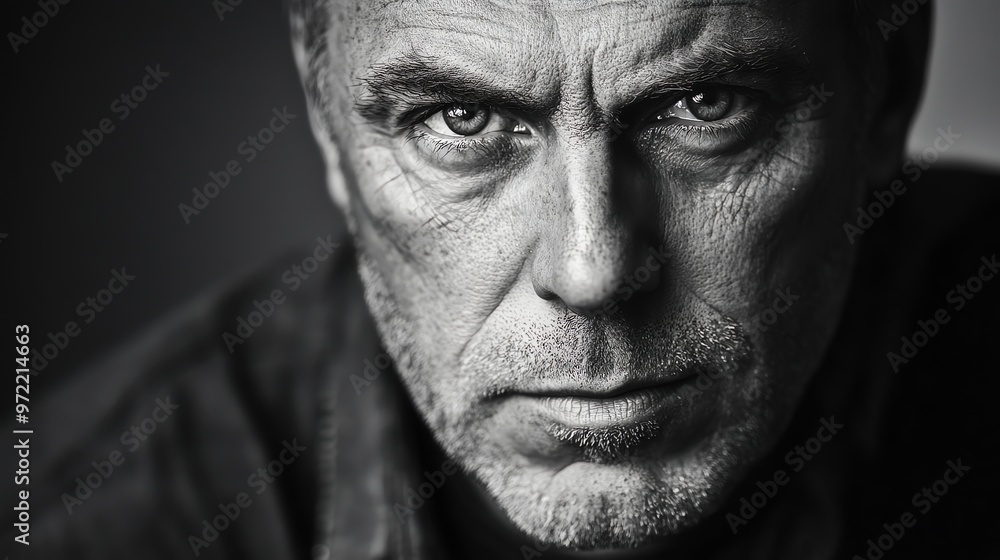 Close up black and white portrait of a man looking directly at the camera. Close up black and white portrait of a man looking directly at the camera.