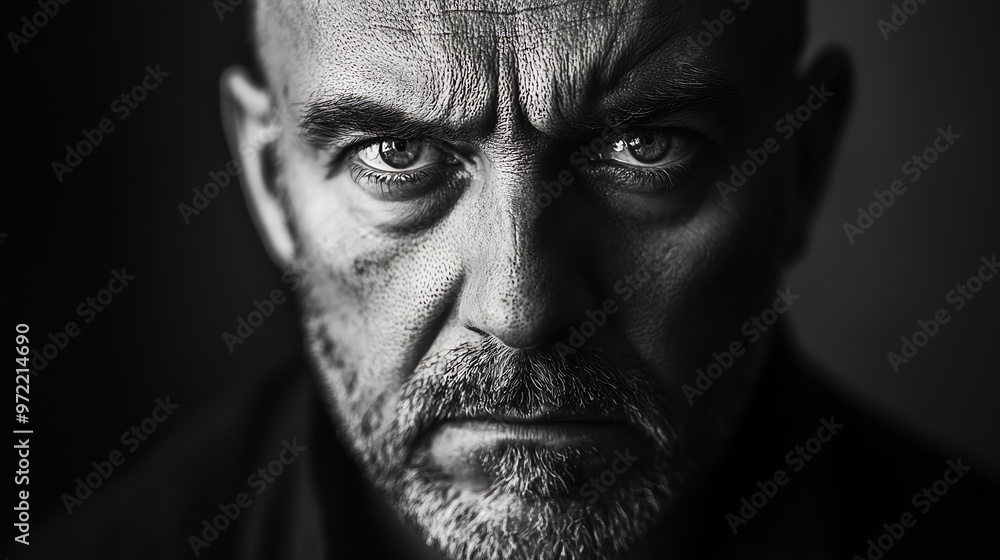 Close-up black and white portrait of a serious man. Close-up black and white portrait of a serious man.