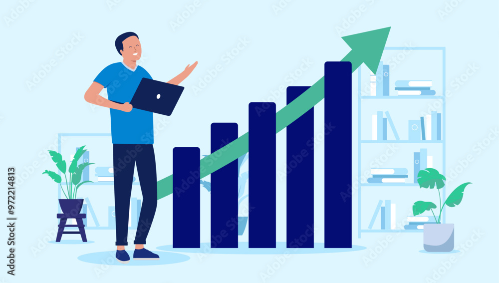 Man with rising graph - Smiling person with laptop computer standing in front of diagram chart watching growth and success, with green arrow pointing up. Flat design vector illustration Man with rising graph - Smiling person with laptop computer standing in front of diagram chart watching growth and success, with green arrow pointing up. Flat design vector illustration