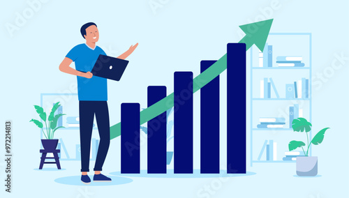 Man with rising graph - Smiling person with laptop computer standing in front of diagram chart watching growth and success, with green arrow pointing up. Flat design vector illustration