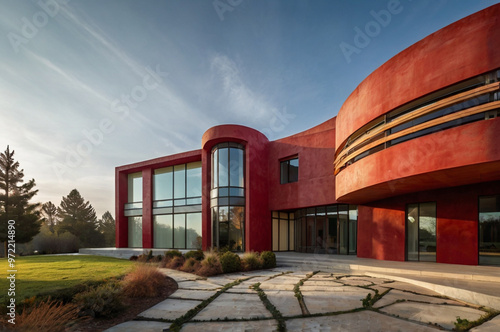 Red concrete renaissance house with curved lines. photo