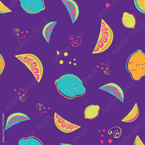 Seamless Lemon Pattern with Yellow, Blue and Orange Lemons and Slices on Purple Background, Hand-Drawn Cute Summer Illustration, Y2K Vibe.