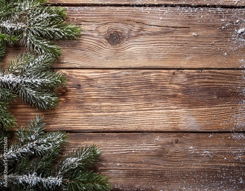 Pine branch on wooden background, creating a festive and wintery atmosphere