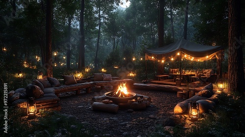 A campsite BBQ area with a fire pit, log seating, and camping lanterns glowing softly, set in a secluded forest clearing with tall trees and the soft light of the moon overhead.  --ar 16:9 --no logo