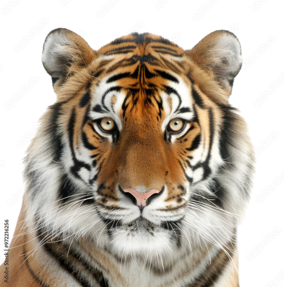Majestic tiger portrait showcasing striking features and intense gaze, symbolizing strength and beauty in wildlife. Majestic tiger portrait showcasing striking features and intense gaze, symbolizing strength and beauty in wildlife.