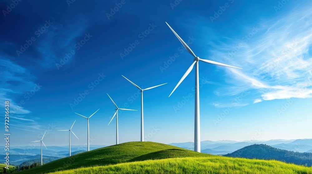 Wind turbines on green hills under a clear blue sky. Wind turbines on green hills under a clear blue sky.