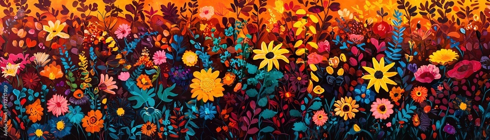 Vibrant floral landscape showcasing a rich array of colorful flowers against a warm sunset background. Vibrant floral landscape showcasing a rich array of colorful flowers against a warm sunset background.