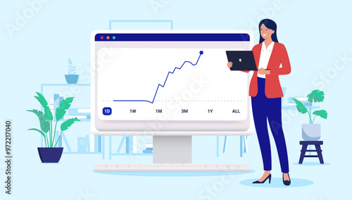 Successful businesswoman profit growth - Professional woman in business clothing holding laptop standing in front of rising chart and graph on computer screen. Flat design vector illustration