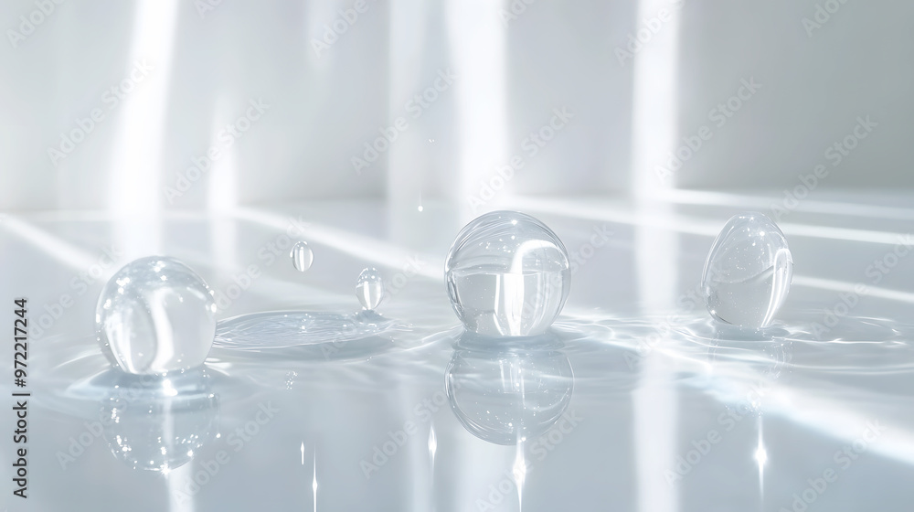 Drops of skincare essence water forming on a sleek glass surface Drops of skincare essence water forming on a sleek glass surface