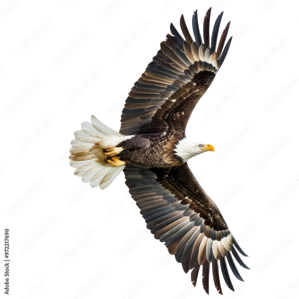 Obraz premium A majestic eagle soaring gracefully above, showcasing its powerful wings and sharp features in stunning detail.