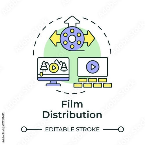Film distribution multi color concept icon. Movie streaming, entertainment. Cinema premiere. Round shape line illustration. Abstract idea. Graphic design. Easy to use in infographic, presentation