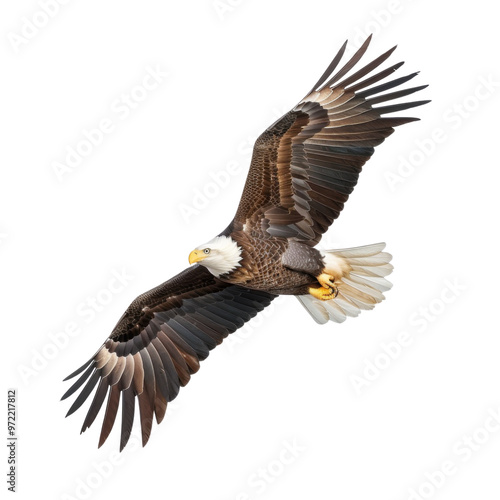 A majestic eagle soaring through the sky, showcasing its powerful wings and striking features in a display of freedom and grace. photo