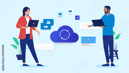 Working in the cloud - Two businesspeople doing work and collaborating with cloud technology in office workplace. Flat design vector illustration