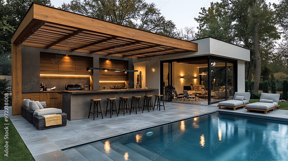 A contemporary BBQ setup next to a shimmering pool, featuring a wooden pergola, soft lighting, a bar with stools, and cushioned lounge chairs, A contemporary BBQ setup next to a shimmering pool, featuring a wooden pergola, soft lighting, a bar with stools, and cushioned lounge chairs,