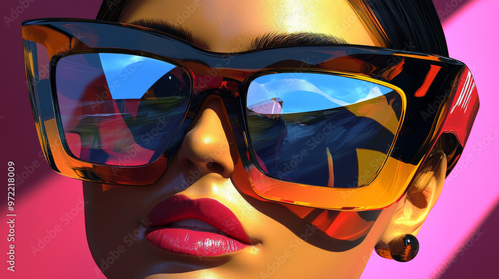 Closeup of a woman wearing large sunglasses. Closeup of a woman wearing large sunglasses.