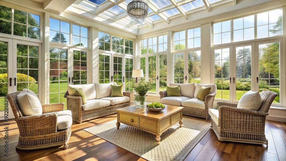 Bright and airy sunroom with floor to ceiling windows and white wicker furniture Bright and airy sunroom with floor to ceiling windows and white wicker furniture