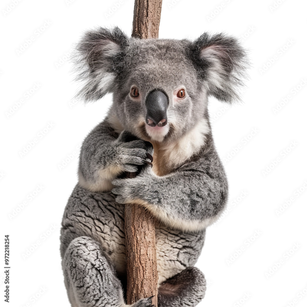 Naklejka premium A playful koala clings to a tree, showcasing its adorable features and fluffy fur in a natural setting.