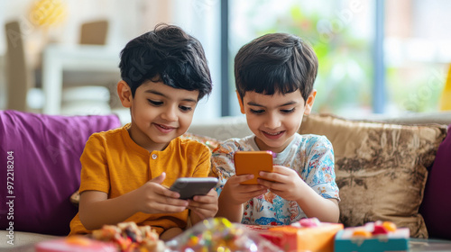 Indian little girl and little boy sitting sofa at decorative home and using smartphone on diwali festival