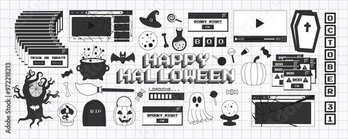 Big set of Halloween stickers in trendy y2k style in monochrome palette. Old computer aesthetics of 90s, 00s. Retro PC elements, user interface. Vector illustration