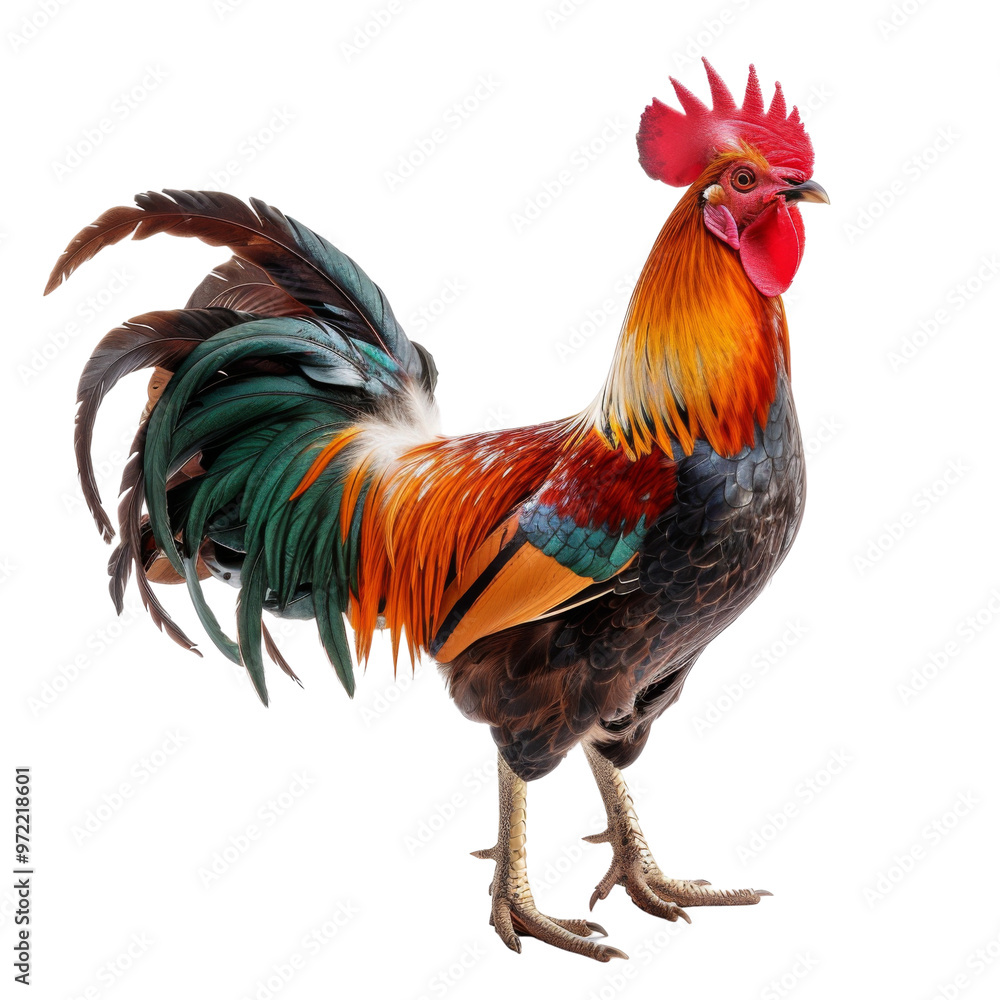 A vibrant and colorful rooster stands proudly, showcasing its striking plumage against a clean background. A vibrant and colorful rooster stands proudly, showcasing its striking plumage against a clean background.