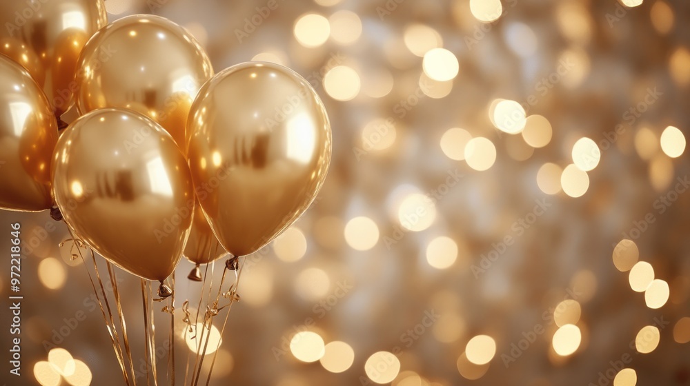 A cluster of golden balloons floats gracefully, captivating attention with their shine, set against a beautifully illuminated background that enhances the festive atmosphere A cluster of golden balloons floats gracefully, captivating attention with their shine, set against a beautifully illuminated background that enhances the festive atmosphere