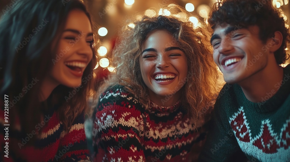 Friends laugh together while wearing festive holiday sweaters, enjoying each other's company and the warm atmosphere created by beautiful lights during a cheerful celebration Friends laugh together while wearing festive holiday sweaters, enjoying each other's company and the warm atmosphere created by beautiful lights during a cheerful celebration