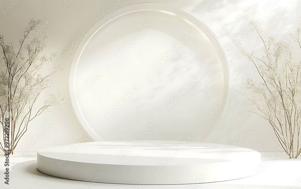 Minimalist 3D White Circular Podium with soft Background and Glass Circle Element for Product Display, Mockup. Generative Ai Minimalist 3D White Circular Podium with soft Background and Glass Circle Element for Product Display, Mockup. Generative Ai