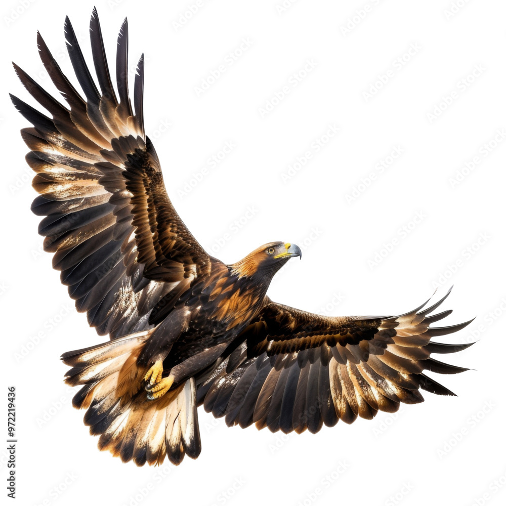 Obraz premium Majestic eagle soaring through the sky, showcasing its powerful wings and striking plumage in a vibrant display of nature's beauty.