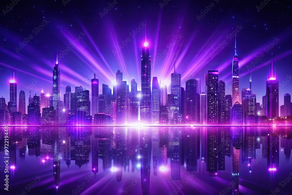 Bright glowing purple night city background with digital symmetrical pattern Bright glowing purple night city background with digital symmetrical pattern