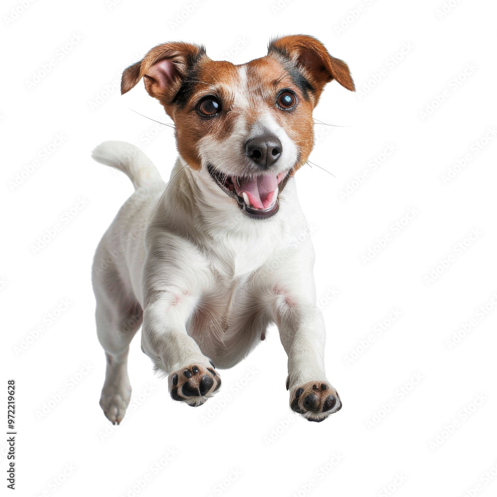 Playful dog jumping in the air, showcasing joy and energy, perfect for pet-themed projects and advertisements.