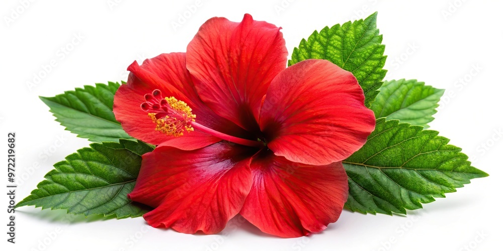bright large red hibiscus flower and leaf isolated on white background bright large red hibiscus flower and leaf isolated on white background