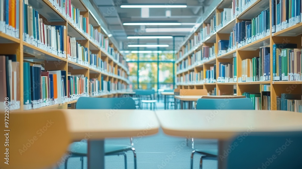 Modern library or bookstore interior with Learning and coworking space,relax zone,Library with rows of bookshelves arranged,school,university,shared desk and chairs,panoramic window. Modern library or bookstore interior with Learning and coworking space,relax zone,Library with rows of bookshelves arranged,school,university,shared desk and chairs,panoramic window.