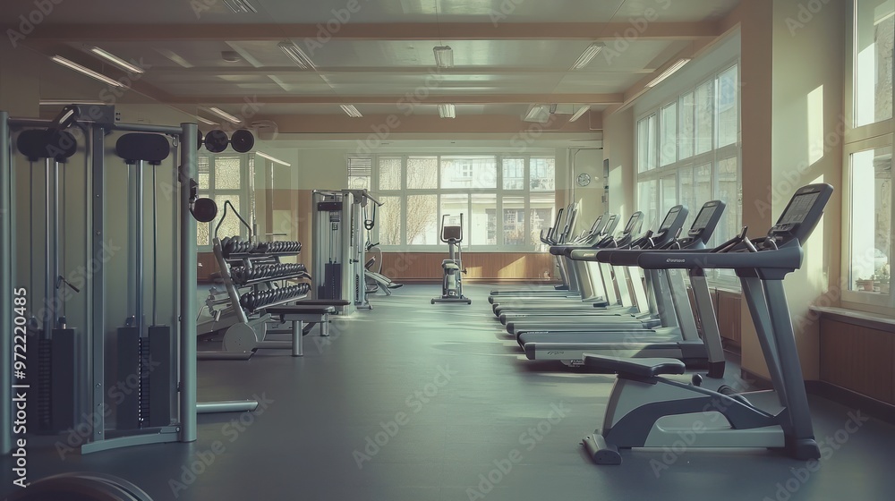 A modern gym interior featuring exercise equipment and cardio machines. A modern gym interior featuring exercise equipment and cardio machines.