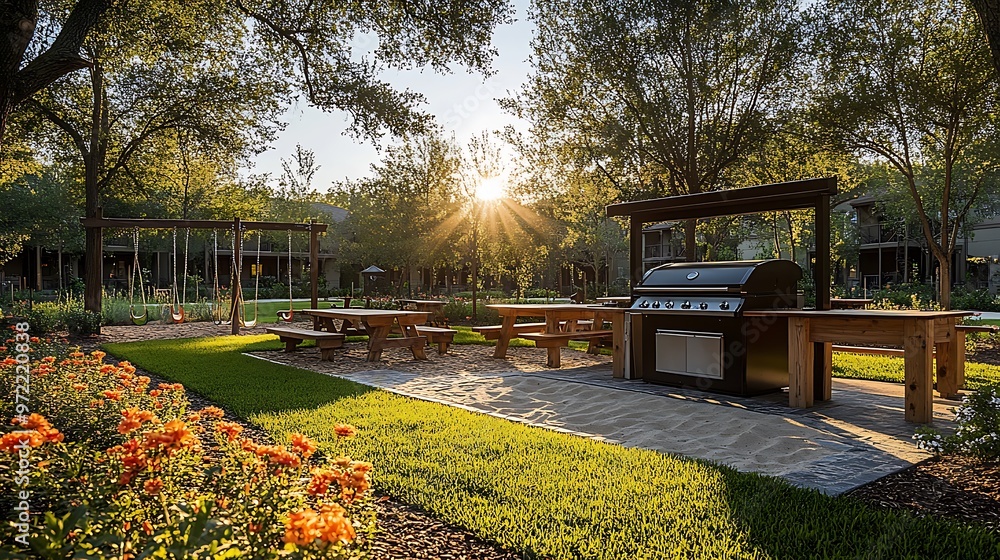 Obraz premium A family-friendly BBQ area with a large grill, wooden picnic tables, and a grassy play area for kids, complete with swings and a sandbox, surrounded by trees and flowers under the warm afternoon sun.